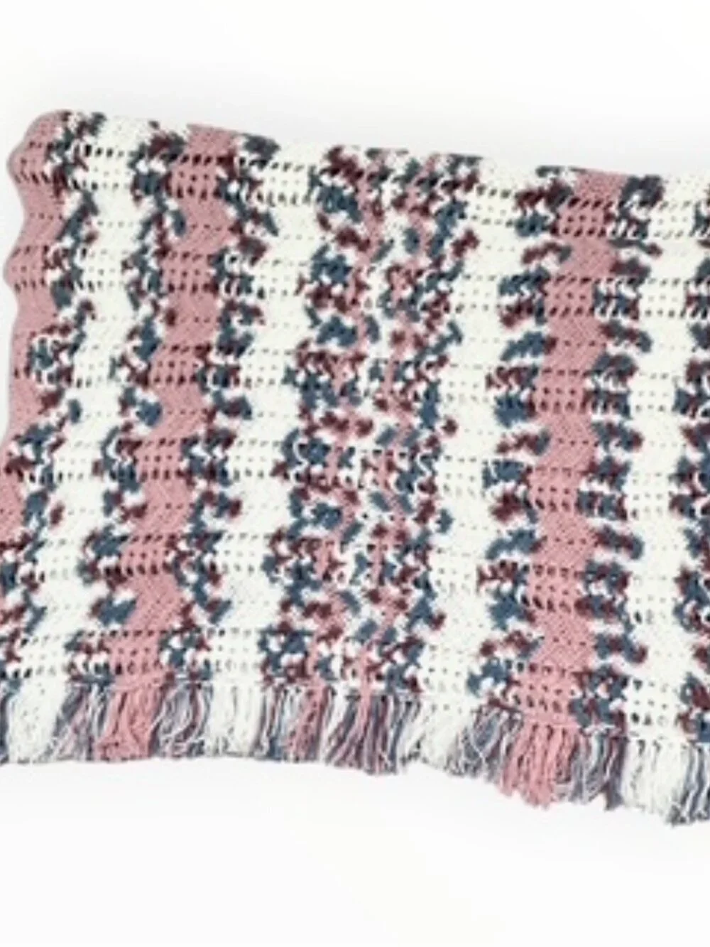 Handknit Crochet Afghan Throw Blanket Fringe Lacy Ripple Multicolor 45inx68in